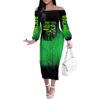Green Dirt Bike Rider Off The Shoulder Long Sleeve Dress Forget Toys I Just Wanna Ride Quote and Custom Racing Name Design - Wonder Print Shop