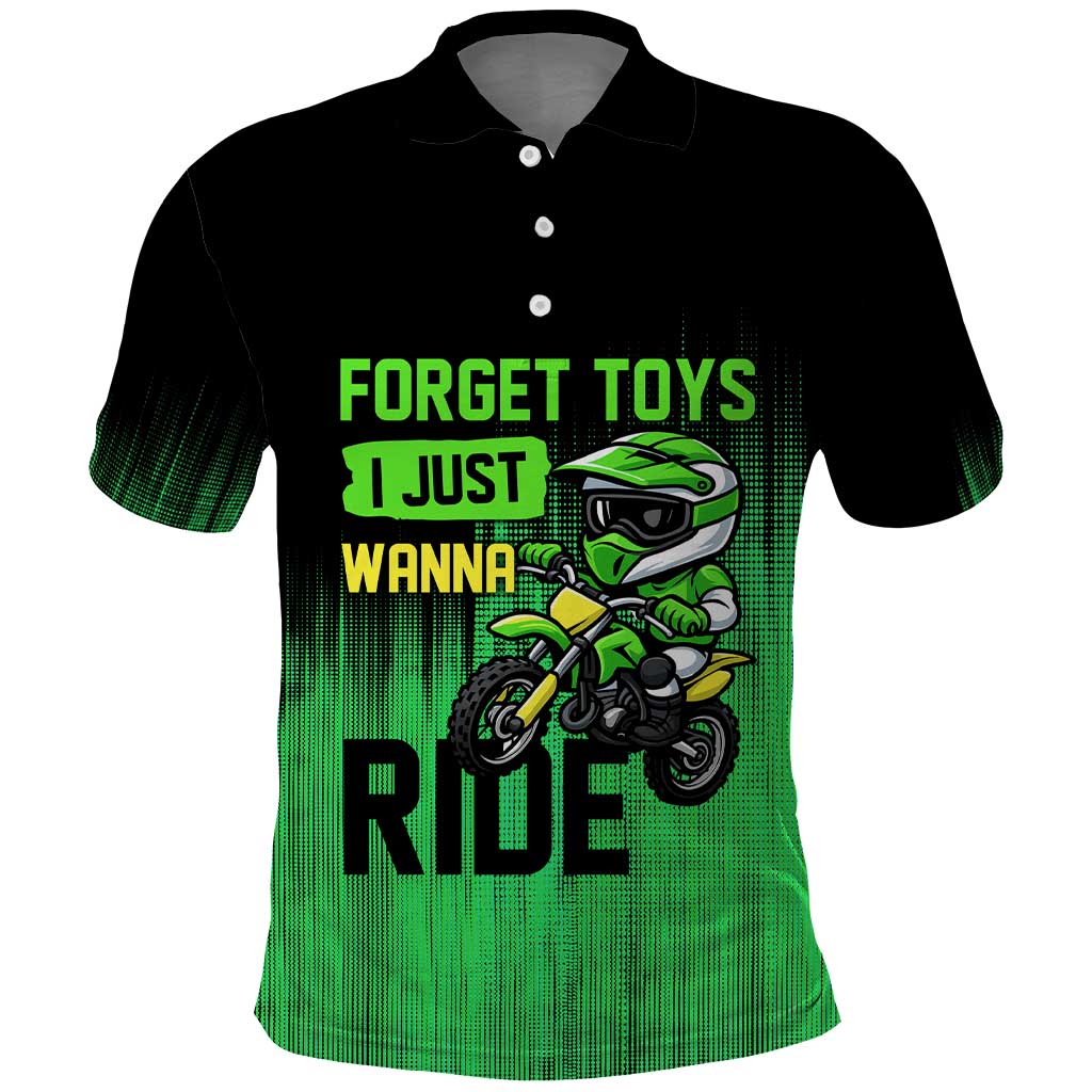 Green Dirt Bike Rider Polo Shirt Forget Toys I Just Wanna Ride Quote and Custom Racing Name Design - Wonder Print Shop