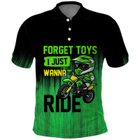 Green Dirt Bike Rider Polo Shirt Forget Toys I Just Wanna Ride Quote and Custom Racing Name Design - Wonder Print Shop