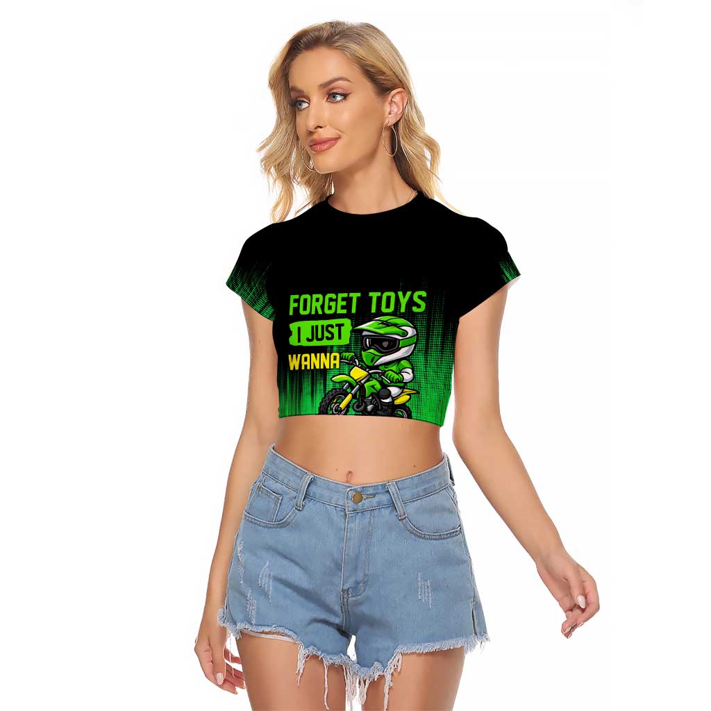 Green Dirt Bike Rider Raglan Cropped T Shirt Forget Toys I Just Wanna Ride Quote and Custom Racing Name Design - Wonder Print Shop