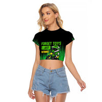Green Dirt Bike Rider Raglan Cropped T Shirt Forget Toys I Just Wanna Ride Quote and Custom Racing Name Design - Wonder Print Shop
