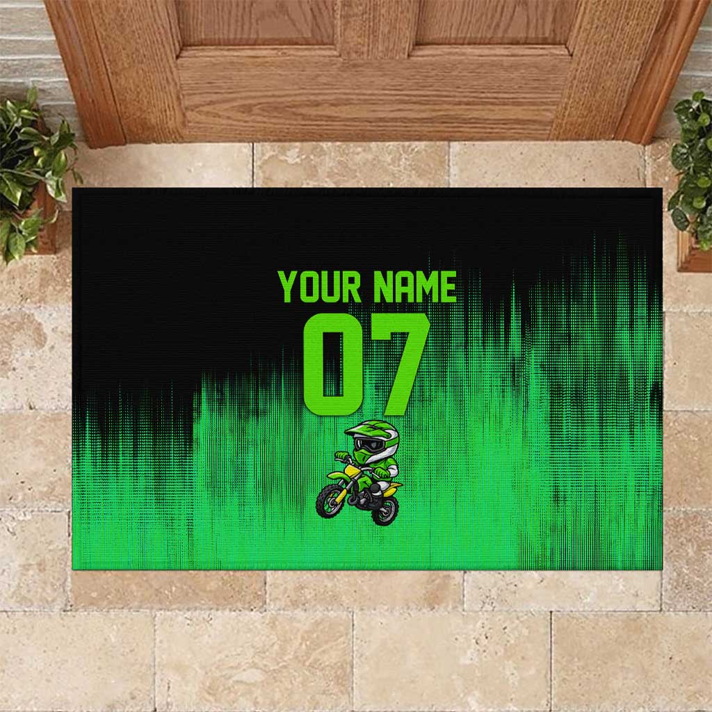 Green Dirt Bike Rider Rubber Doormat Forget Toys I Just Wanna Ride Quote and Custom Racing Name Design - Wonder Print Shop