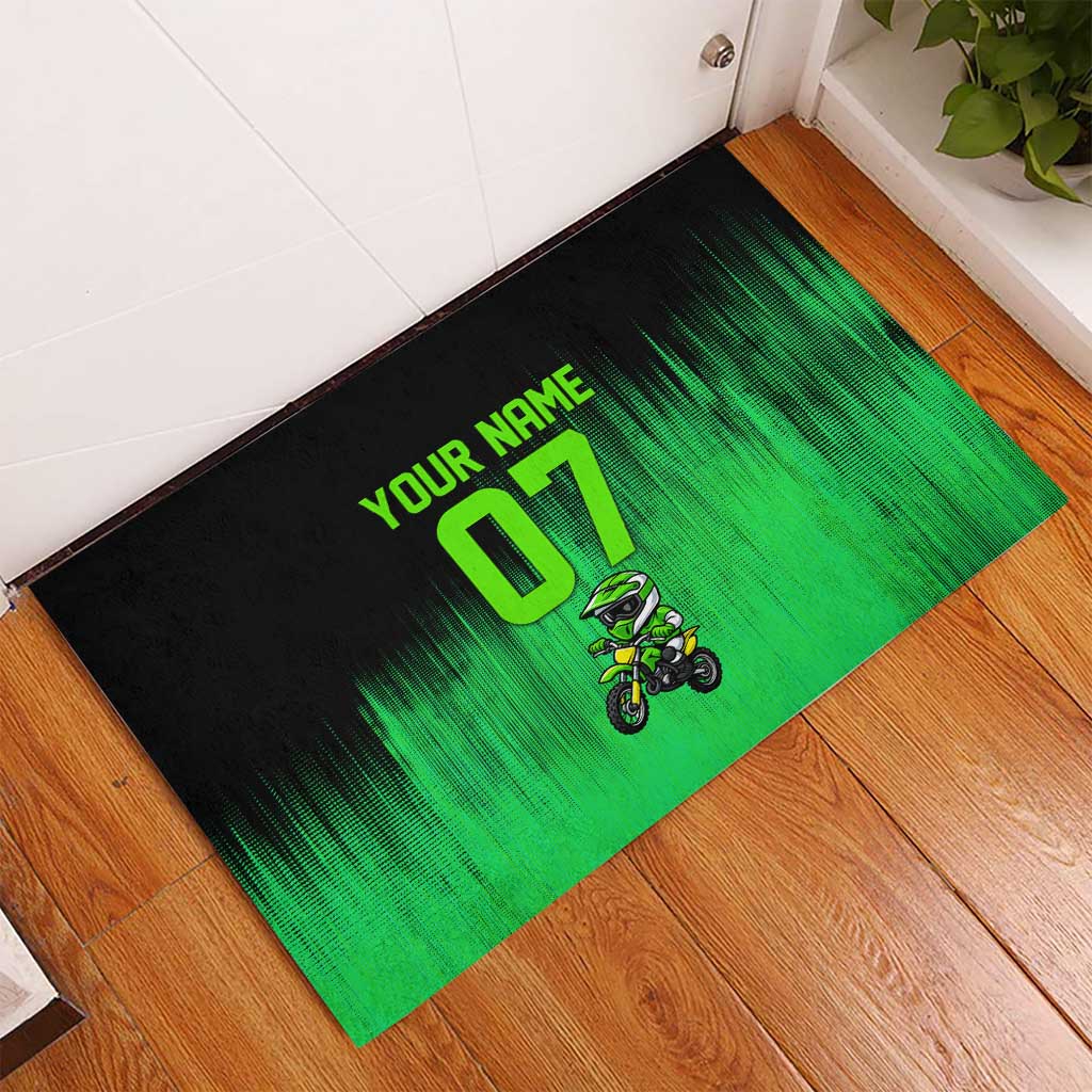 Green Dirt Bike Rider Rubber Doormat Forget Toys I Just Wanna Ride Quote and Custom Racing Name Design - Wonder Print Shop