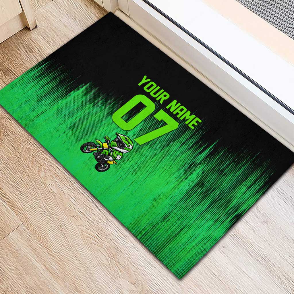 Green Dirt Bike Rider Rubber Doormat Forget Toys I Just Wanna Ride Quote and Custom Racing Name Design - Wonder Print Shop