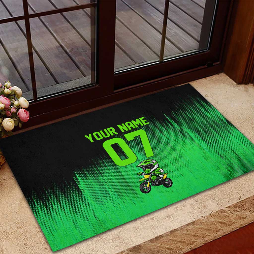 Green Dirt Bike Rider Rubber Doormat Forget Toys I Just Wanna Ride Quote and Custom Racing Name Design - Wonder Print Shop