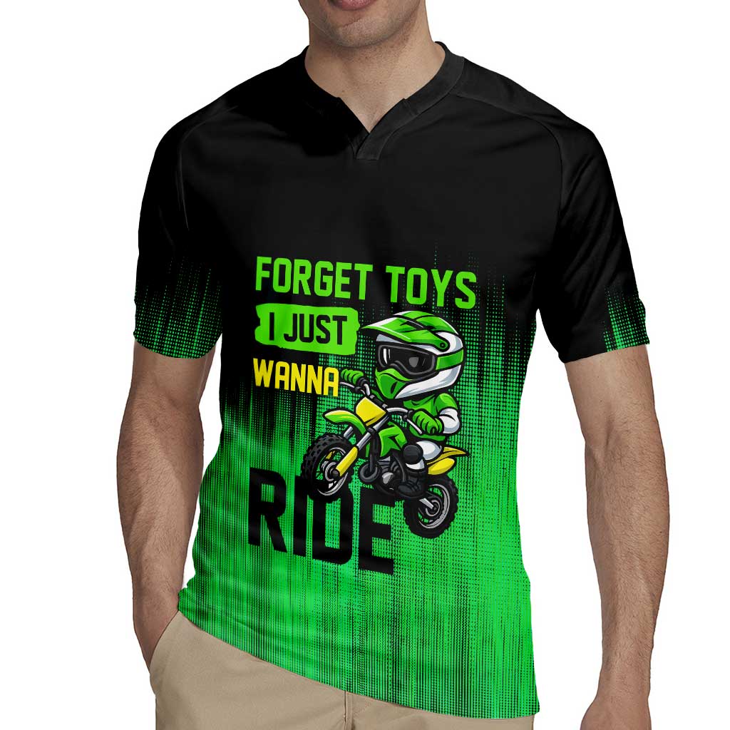 Green Dirt Bike Rider Rugby Jersey Forget Toys I Just Wanna Ride Quote and Custom Racing Name Design - Wonder Print Shop