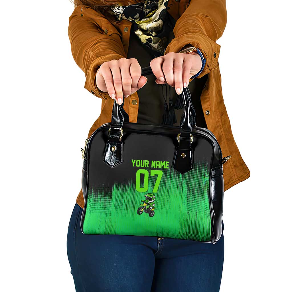 Green Dirt Bike Rider Shoulder Handbag Forget Toys I Just Wanna Ride Quote and Custom Racing Name Design - Wonder Print Shop