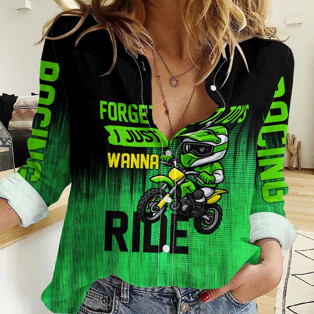 Green Dirt Bike Rider Women Casual Shirt Forget Toys I Just Wanna Ride Quote and Custom Racing Name Design - Wonder Print Shop