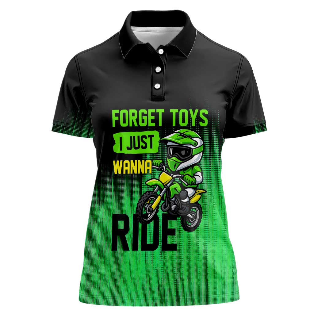 Green Dirt Bike Rider Women Polo Shirt Forget Toys I Just Wanna Ride Quote and Custom Racing Name Design - Wonder Print Shop