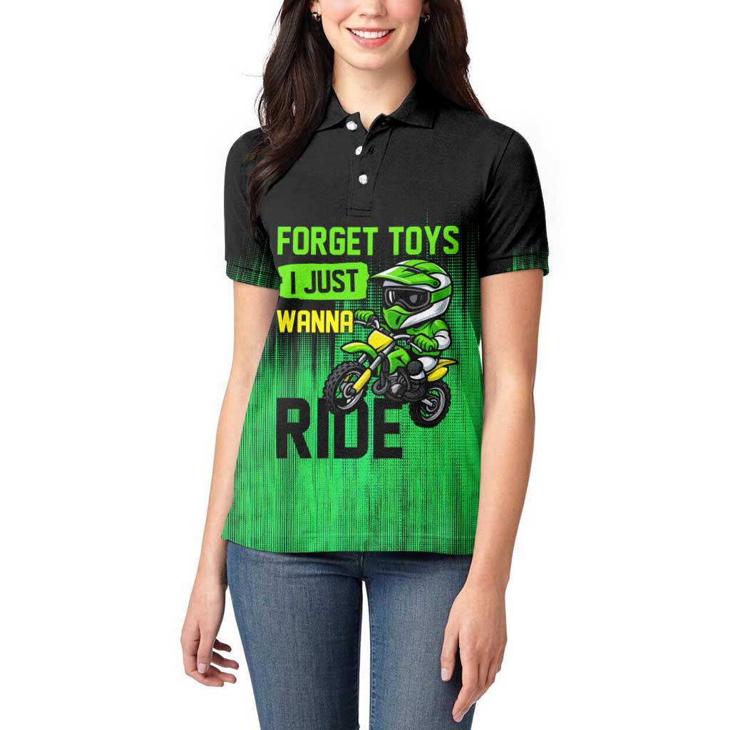Green Dirt Bike Rider Women Polo Shirt Forget Toys I Just Wanna Ride Quote and Custom Racing Name Design - Wonder Print Shop