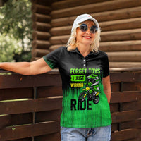 Green Dirt Bike Rider Women Polo Shirt Forget Toys I Just Wanna Ride Quote and Custom Racing Name Design - Wonder Print Shop