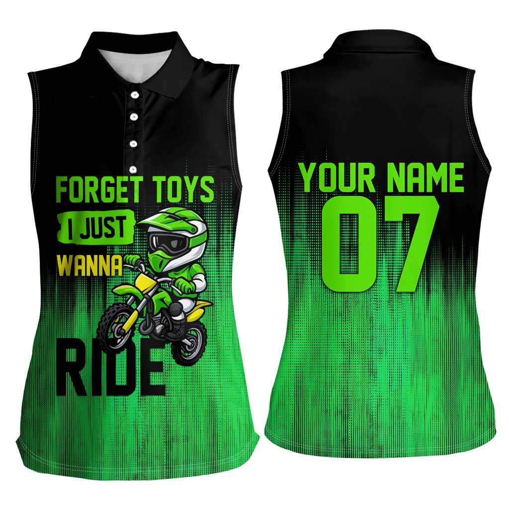 Green Dirt Bike Rider Women Sleeveless Polo Shirt Forget Toys I Just Wanna Ride Quote and Custom Racing Name Design - Wonder Print Shop