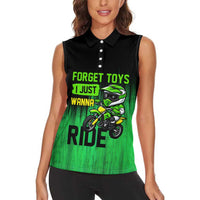 Green Dirt Bike Rider Women Sleeveless Polo Shirt Forget Toys I Just Wanna Ride Quote and Custom Racing Name Design - Wonder Print Shop