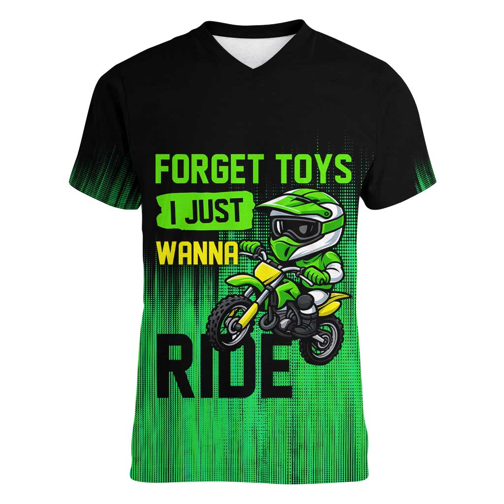 Green Dirt Bike Rider Women V-Neck T-Shirt Forget Toys I Just Wanna Ride Quote and Custom Racing Name Design - Wonder Print Shop