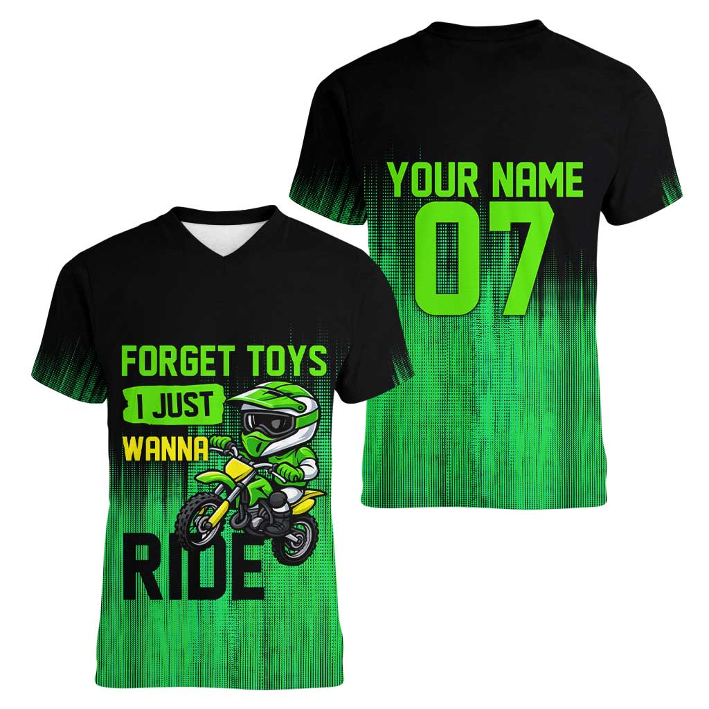 Green Dirt Bike Rider Women V-Neck T-Shirt Forget Toys I Just Wanna Ride Quote and Custom Racing Name Design - Wonder Print Shop