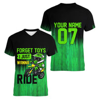 Green Dirt Bike Rider Women V-Neck T-Shirt Forget Toys I Just Wanna Ride Quote and Custom Racing Name Design - Wonder Print Shop