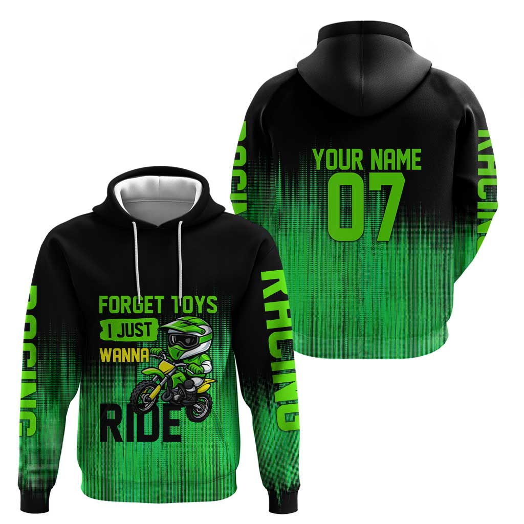 Green Dirt Bike Rider Zip Hoodie Forget Toys I Just Wanna Ride Quote and Custom Racing Name Design - Wonder Print Shop