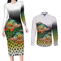 Colorful Crappie Fishing Green Scales Couples Matching Long Sleeve Bodycon Dress and Long Sleeve Button Shirt Gradient Camo Pattern and Custom Name Fishing - Wonder Print Shop