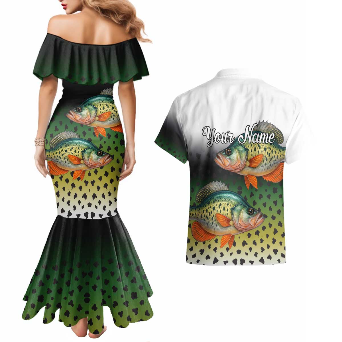 Colorful Crappie Fishing Green Scales Couples Matching Mermaid Dress and Hawaiian Shirt Gradient Camo Pattern and Custom Name Fishing - Wonder Print Shop