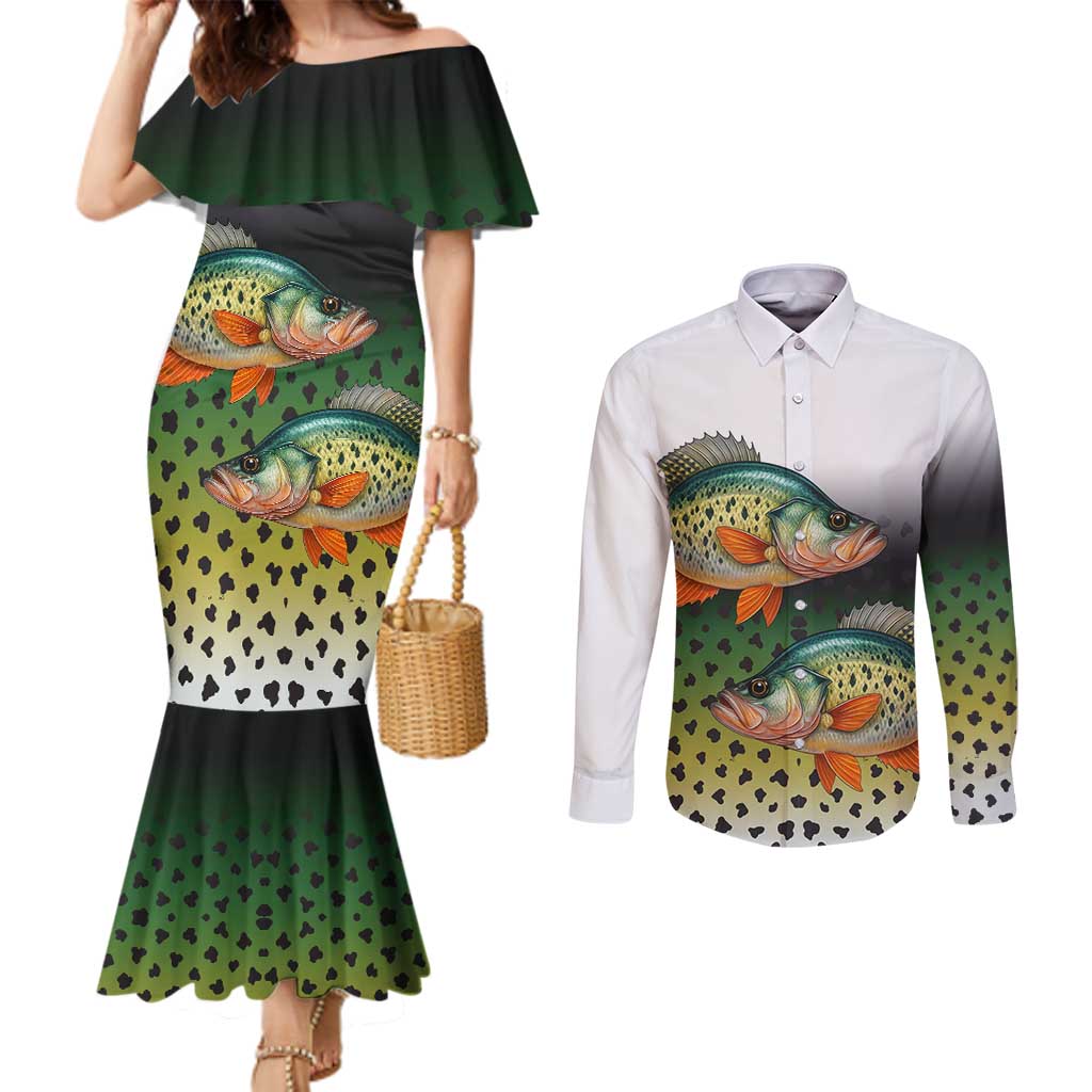 Colorful Crappie Fishing Green Scales Couples Matching Mermaid Dress and Long Sleeve Button Shirt Gradient Camo Pattern and Custom Name Fishing - Wonder Print Shop