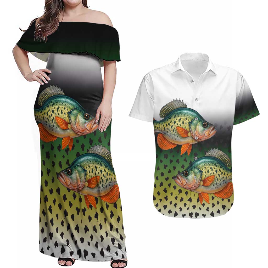 Colorful Crappie Fishing Green Scales Couples Matching Off Shoulder Maxi Dress and Hawaiian Shirt Gradient Camo Pattern and Custom Name Fishing - Wonder Print Shop