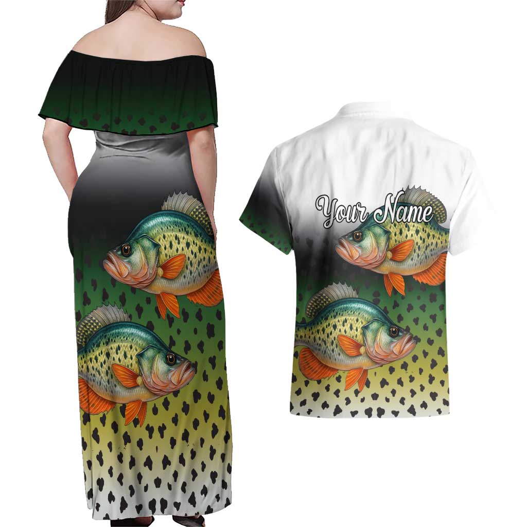 Colorful Crappie Fishing Green Scales Couples Matching Off Shoulder Maxi Dress and Hawaiian Shirt Gradient Camo Pattern and Custom Name Fishing - Wonder Print Shop