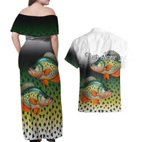 Colorful Crappie Fishing Green Scales Couples Matching Off Shoulder Maxi Dress and Hawaiian Shirt Gradient Camo Pattern and Custom Name Fishing - Wonder Print Shop