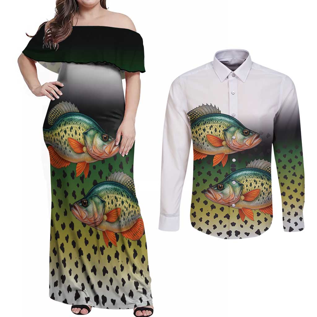 Colorful Crappie Fishing Green Scales Couples Matching Off Shoulder Maxi Dress and Long Sleeve Button Shirt Gradient Camo Pattern and Custom Name Fishing - Wonder Print Shop