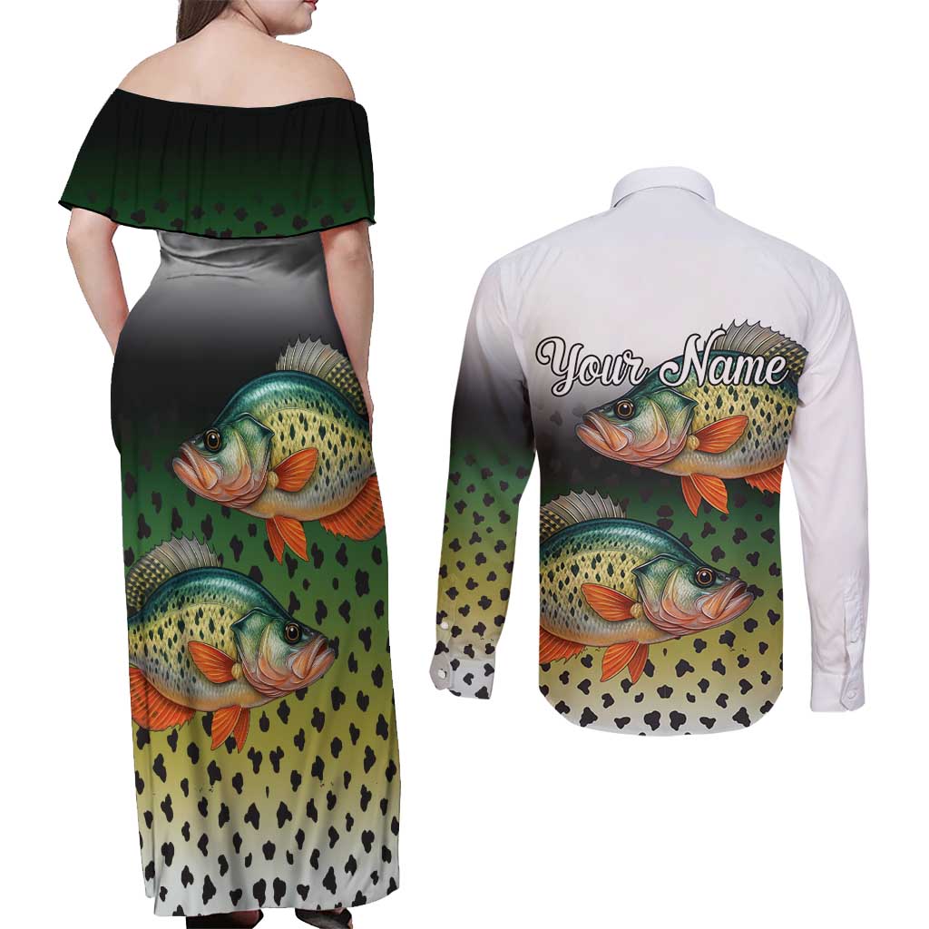Colorful Crappie Fishing Green Scales Couples Matching Off Shoulder Maxi Dress and Long Sleeve Button Shirt Gradient Camo Pattern and Custom Name Fishing - Wonder Print Shop
