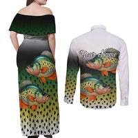Colorful Crappie Fishing Green Scales Couples Matching Off Shoulder Maxi Dress and Long Sleeve Button Shirt Gradient Camo Pattern and Custom Name Fishing - Wonder Print Shop