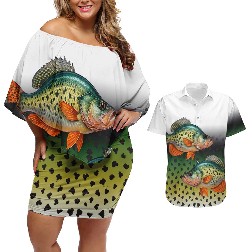 Colorful Crappie Fishing Green Scales Couples Matching Off Shoulder Short Dress and Hawaiian Shirt Gradient Camo Pattern and Custom Name Fishing - Wonder Print Shop