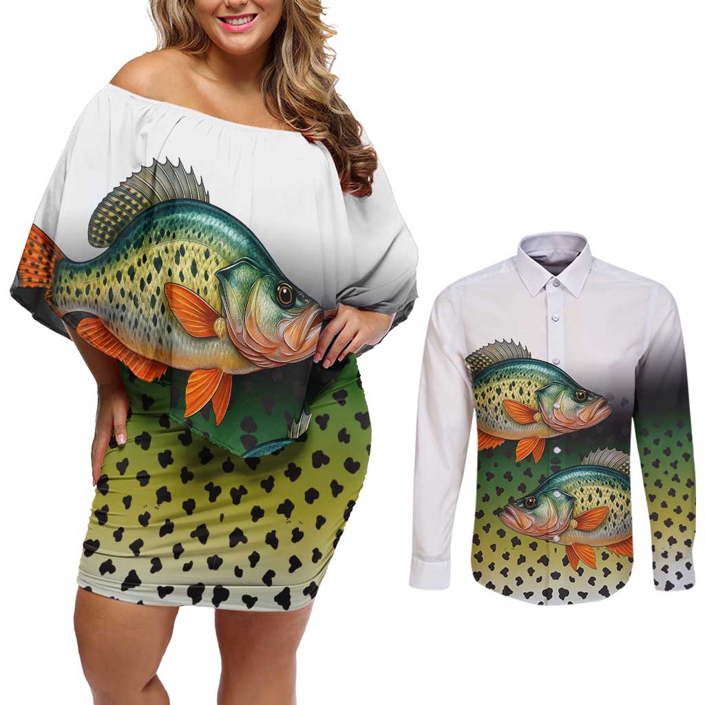 Colorful Crappie Fishing Green Scales Couples Matching Off Shoulder Short Dress and Long Sleeve Button Shirt Gradient Camo Pattern and Custom Name Fishing - Wonder Print Shop