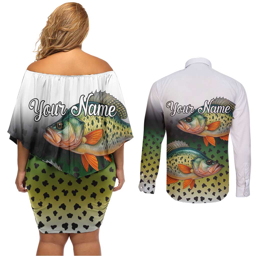 Colorful Crappie Fishing Green Scales Couples Matching Off Shoulder Short Dress and Long Sleeve Button Shirt Gradient Camo Pattern and Custom Name Fishing - Wonder Print Shop
