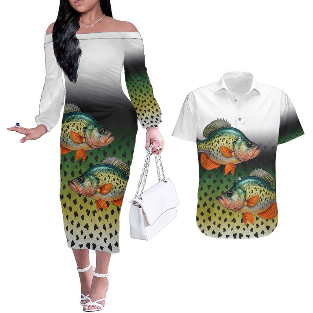 Colorful Crappie Fishing Green Scales Couples Matching Off The Shoulder Long Sleeve Dress and Hawaiian Shirt Gradient Camo Pattern and Custom Name Fishing - Wonder Print Shop