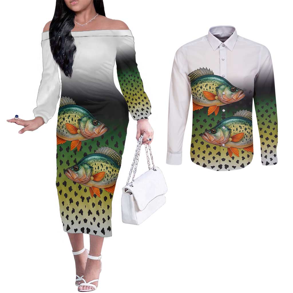 Colorful Crappie Fishing Green Scales Couples Matching Off The Shoulder Long Sleeve Dress and Long Sleeve Button Shirt Gradient Camo Pattern and Custom Name Fishing - Wonder Print Shop