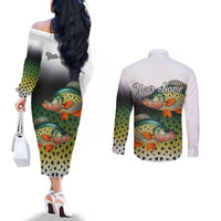 Colorful Crappie Fishing Green Scales Couples Matching Off The Shoulder Long Sleeve Dress and Long Sleeve Button Shirt Gradient Camo Pattern and Custom Name Fishing - Wonder Print Shop