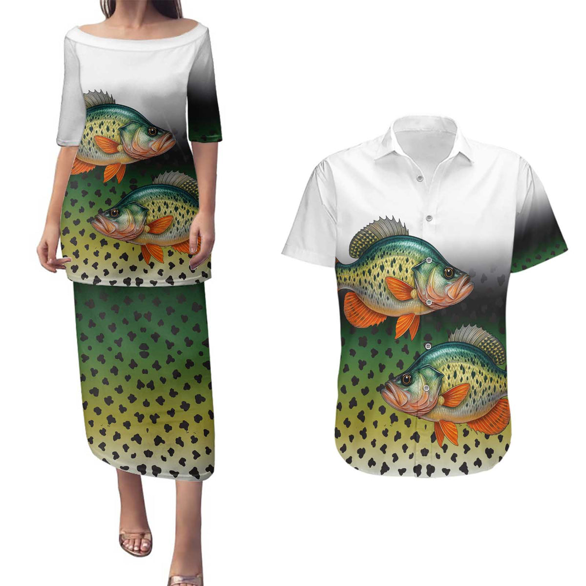 Colorful Crappie Fishing Green Scales Couples Matching Puletasi and Hawaiian Shirt Gradient Camo Pattern and Custom Name Fishing - Wonder Print Shop