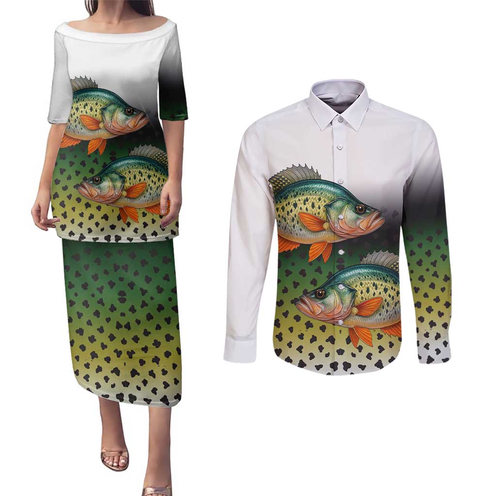 Colorful Crappie Fishing Green Scales Couples Matching Puletasi and Long Sleeve Button Shirt Gradient Camo Pattern and Custom Name Fishing - Wonder Print Shop
