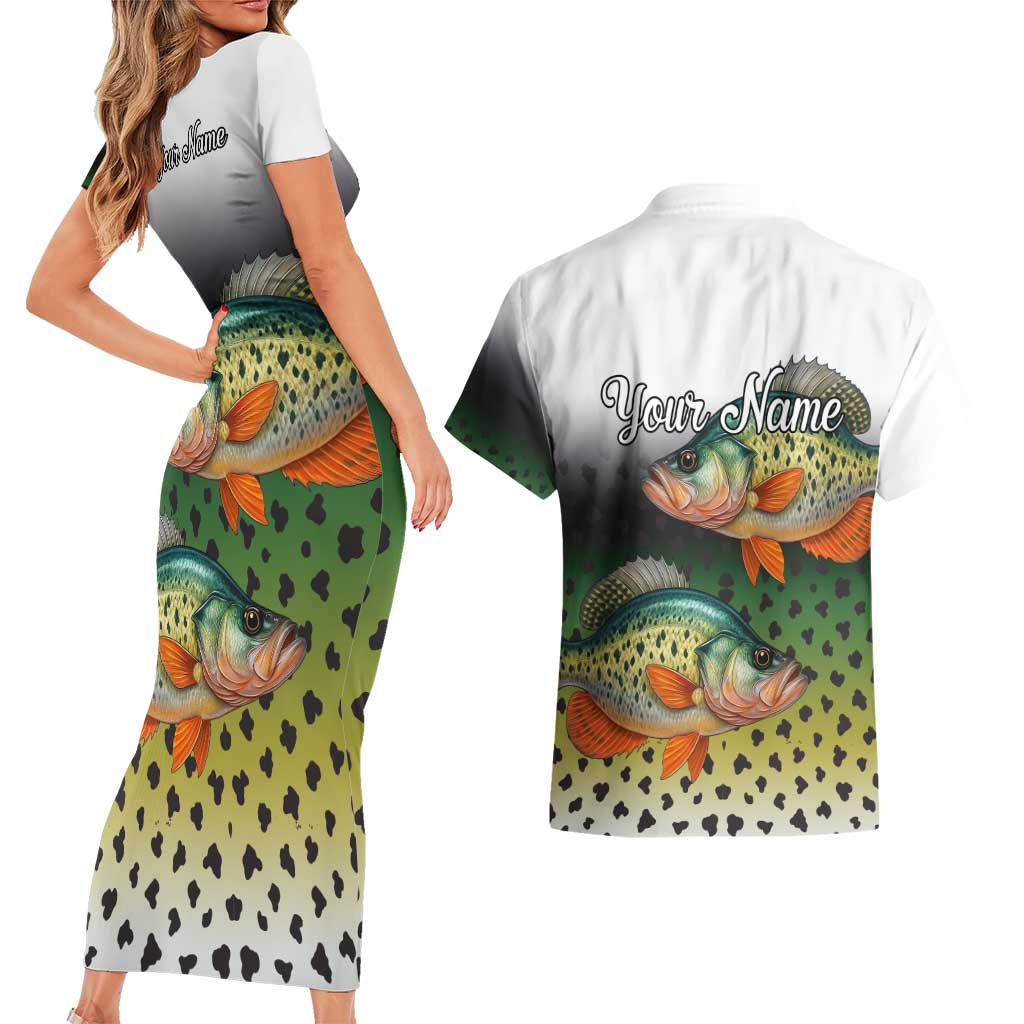 Colorful Crappie Fishing Green Scales Couples Matching Short Sleeve Bodycon Dress and Hawaiian Shirt Gradient Camo Pattern and Custom Name Fishing - Wonder Print Shop
