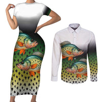 Colorful Crappie Fishing Green Scales Couples Matching Short Sleeve Bodycon Dress and Long Sleeve Button Shirt Gradient Camo Pattern and Custom Name Fishing - Wonder Print Shop