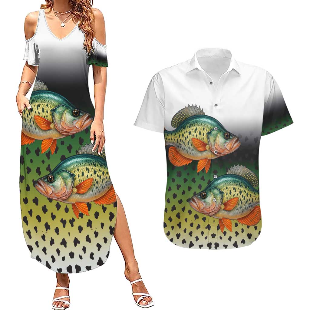 Colorful Crappie Fishing Green Scales Couples Matching Summer Maxi Dress and Hawaiian Shirt Gradient Camo Pattern and Custom Name Fishing - Wonder Print Shop