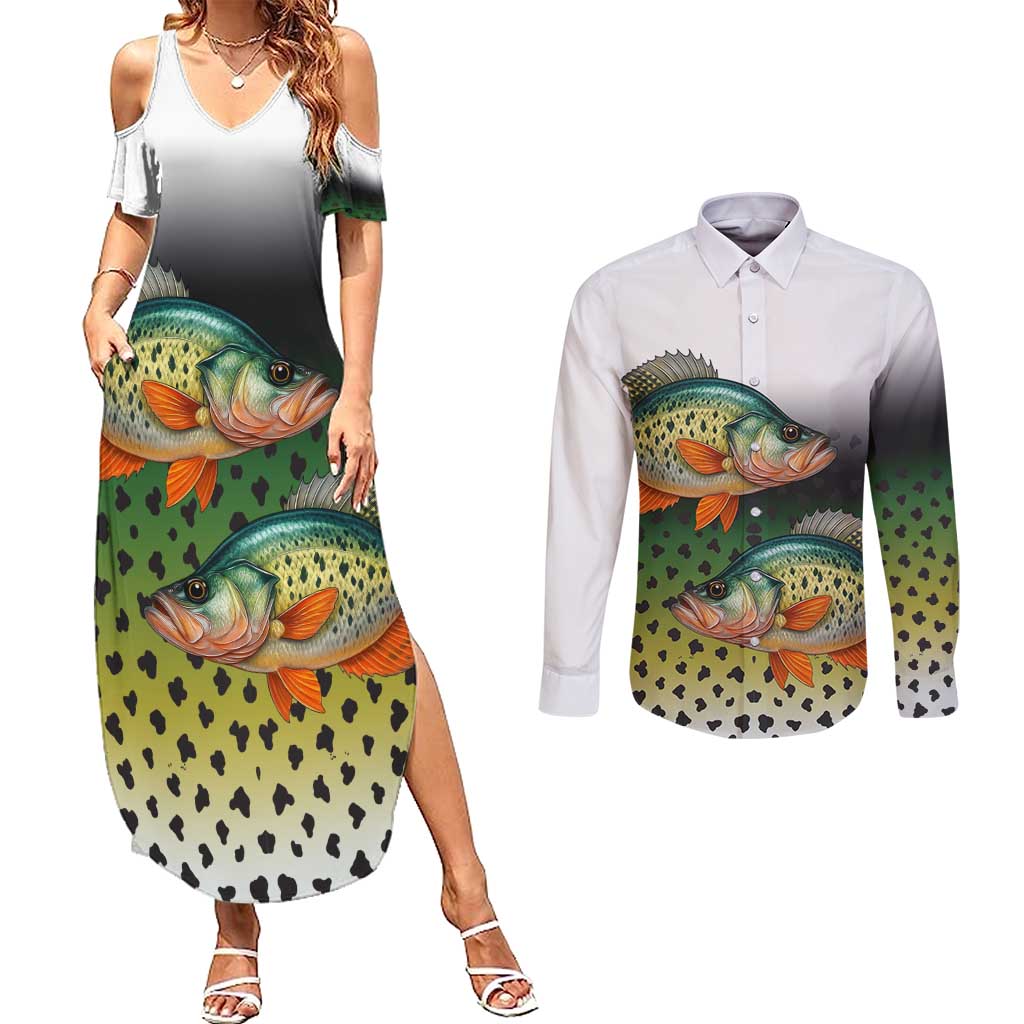 Colorful Crappie Fishing Green Scales Couples Matching Summer Maxi Dress and Long Sleeve Button Shirt Gradient Camo Pattern and Custom Name Fishing - Wonder Print Shop