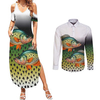 Colorful Crappie Fishing Green Scales Couples Matching Summer Maxi Dress and Long Sleeve Button Shirt Gradient Camo Pattern and Custom Name Fishing - Wonder Print Shop