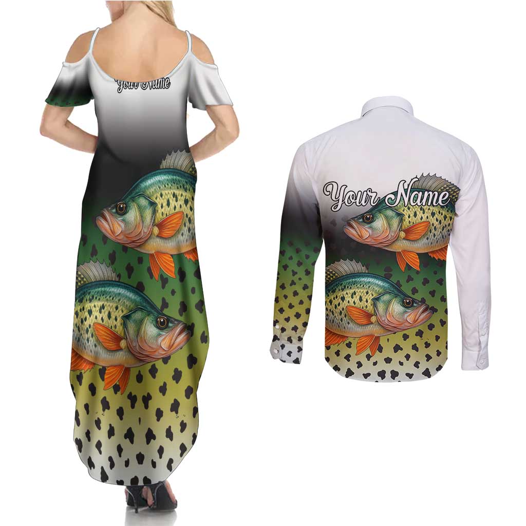 Colorful Crappie Fishing Green Scales Couples Matching Summer Maxi Dress and Long Sleeve Button Shirt Gradient Camo Pattern and Custom Name Fishing - Wonder Print Shop