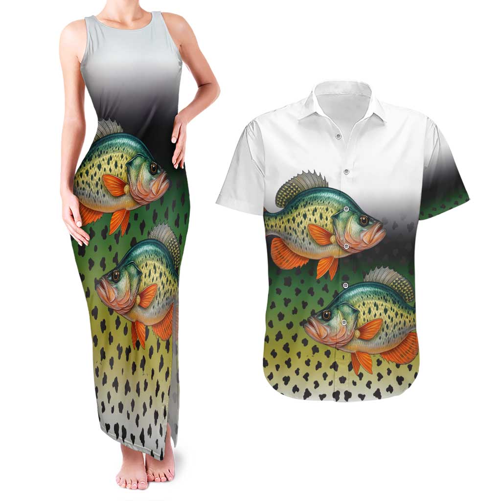 Colorful Crappie Fishing Green Scales Couples Matching Tank Maxi Dress and Hawaiian Shirt Gradient Camo Pattern and Custom Name Fishing - Wonder Print Shop