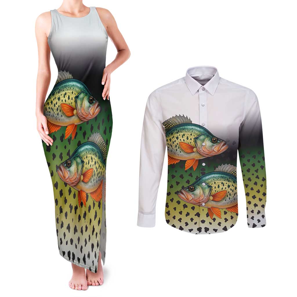 Colorful Crappie Fishing Green Scales Couples Matching Tank Maxi Dress and Long Sleeve Button Shirt Gradient Camo Pattern and Custom Name Fishing - Wonder Print Shop
