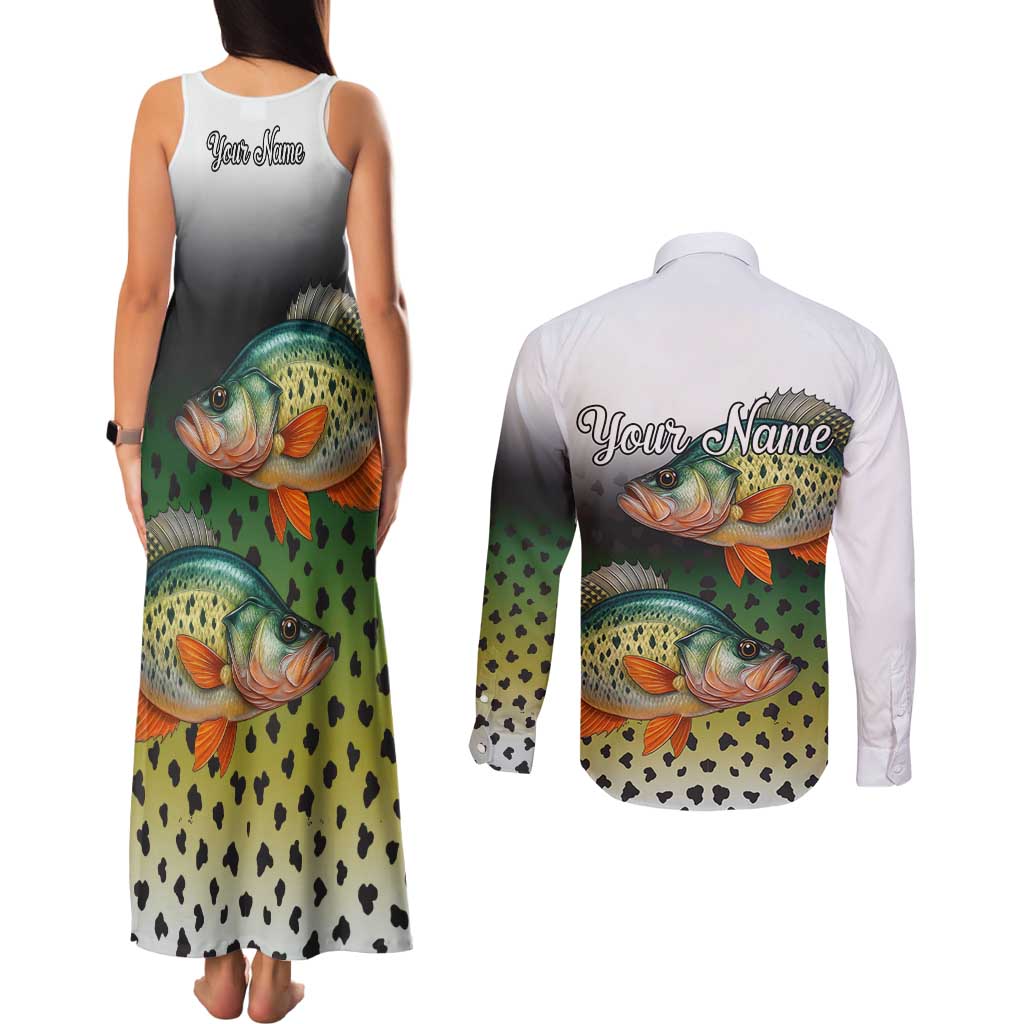 Colorful Crappie Fishing Green Scales Couples Matching Tank Maxi Dress and Long Sleeve Button Shirt Gradient Camo Pattern and Custom Name Fishing - Wonder Print Shop