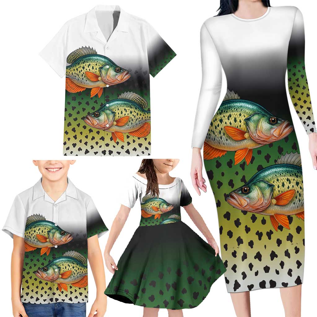 Colorful Crappie Fishing Green Scales Family Matching Long Sleeve Bodycon Dress and Hawaiian Shirt Gradient Camo Pattern and Custom Name Fishing - Wonder Print Shop