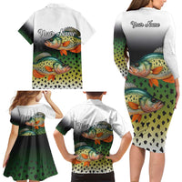 Colorful Crappie Fishing Green Scales Family Matching Long Sleeve Bodycon Dress and Hawaiian Shirt Gradient Camo Pattern and Custom Name Fishing - Wonder Print Shop