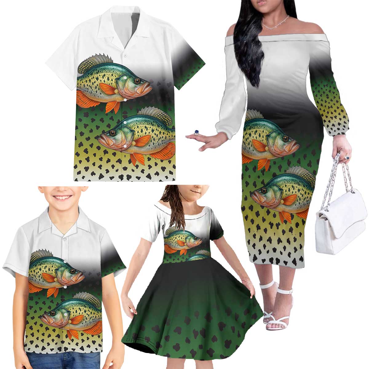 Colorful Crappie Fishing Green Scales Family Matching Off The Shoulder Long Sleeve Dress and Hawaiian Shirt Gradient Camo Pattern and Custom Name Fishing - Wonder Print Shop